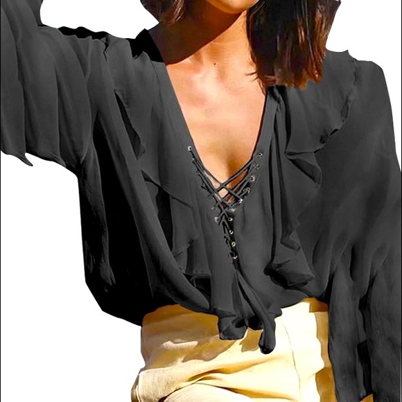 celmia Tops - Celmia Fashion Ruffle Sexy Lace Up V-neck NWT xl